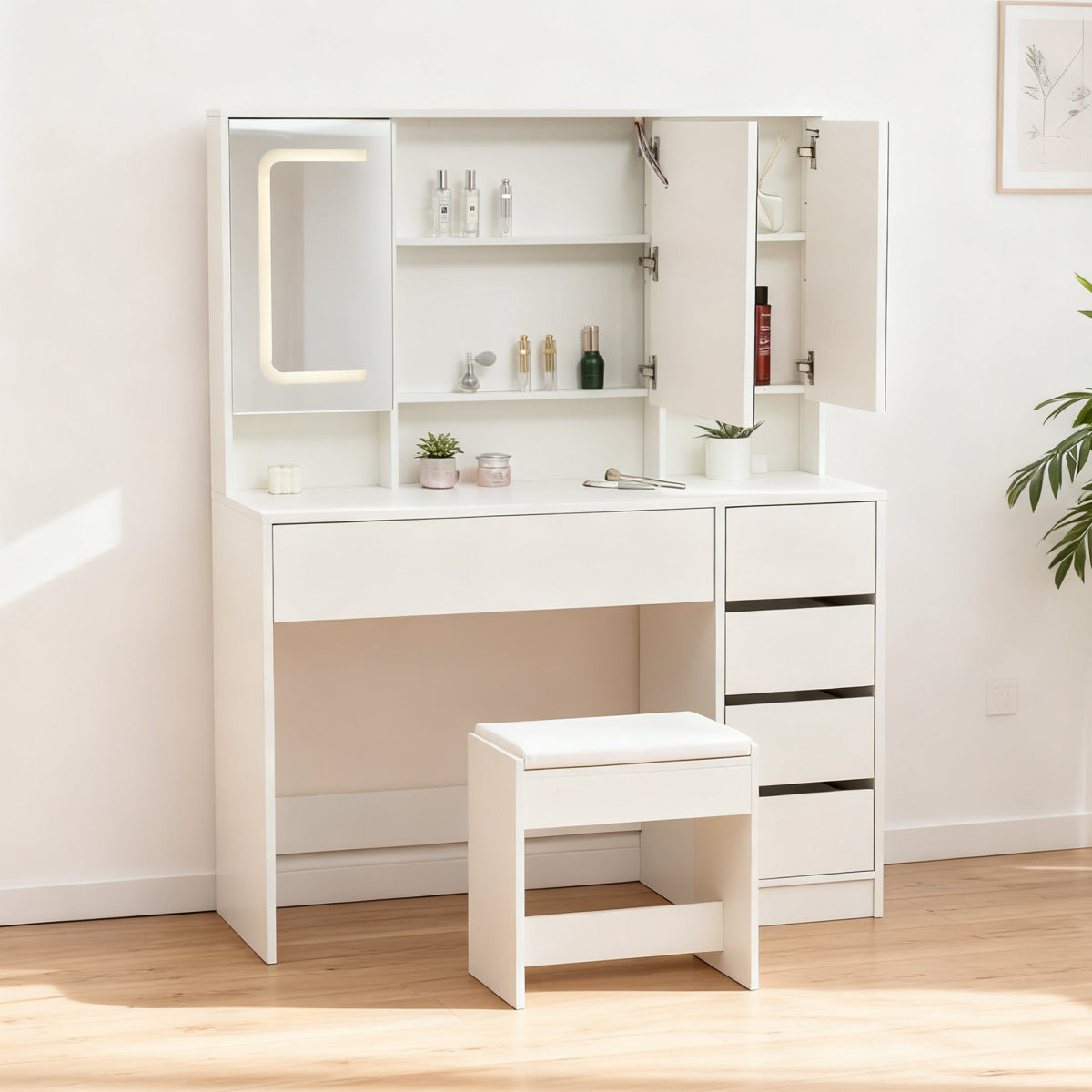 Schminktisch Frisiertisch Kosmetiktisch mit Hocker Beleuchtung Spiegel Weiß