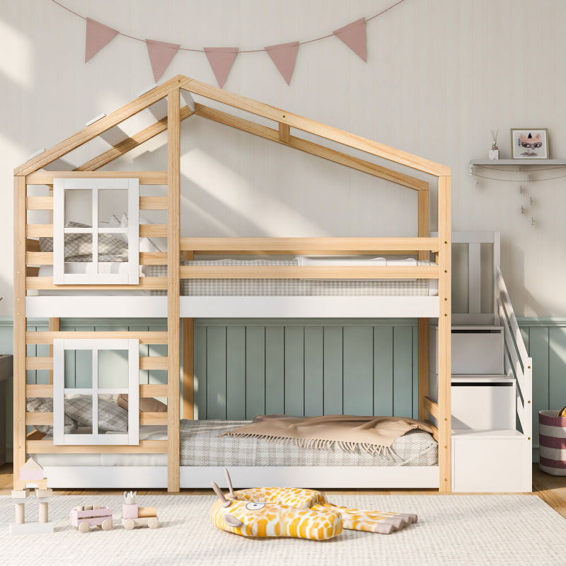 Kinderbett Baumhaus mit Rutsche & Leiter 90 x 200 cm, Hochbett für Kinder– 2x Lattenrost- Natur & Weiß