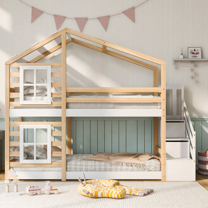 Kinderbett Baumhaus mit Rutsche & Leiter 90 x 200 cm, Hochbett für Kinder– 2x Lattenrost- Natur & Weiß