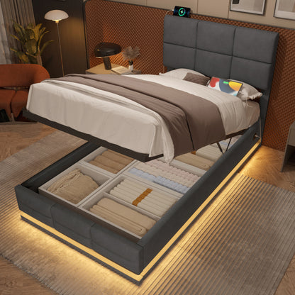 90x200 cm Modernes Velours-Polsterbett mit höhenverstellbarem Kopfteil - Inkl. USB/Type-C-Anschlüssen, LED-Ambientebeleuchtung, hydraulischem Lift-System & XXL-Stauraum (ohne Matratze) - Gray