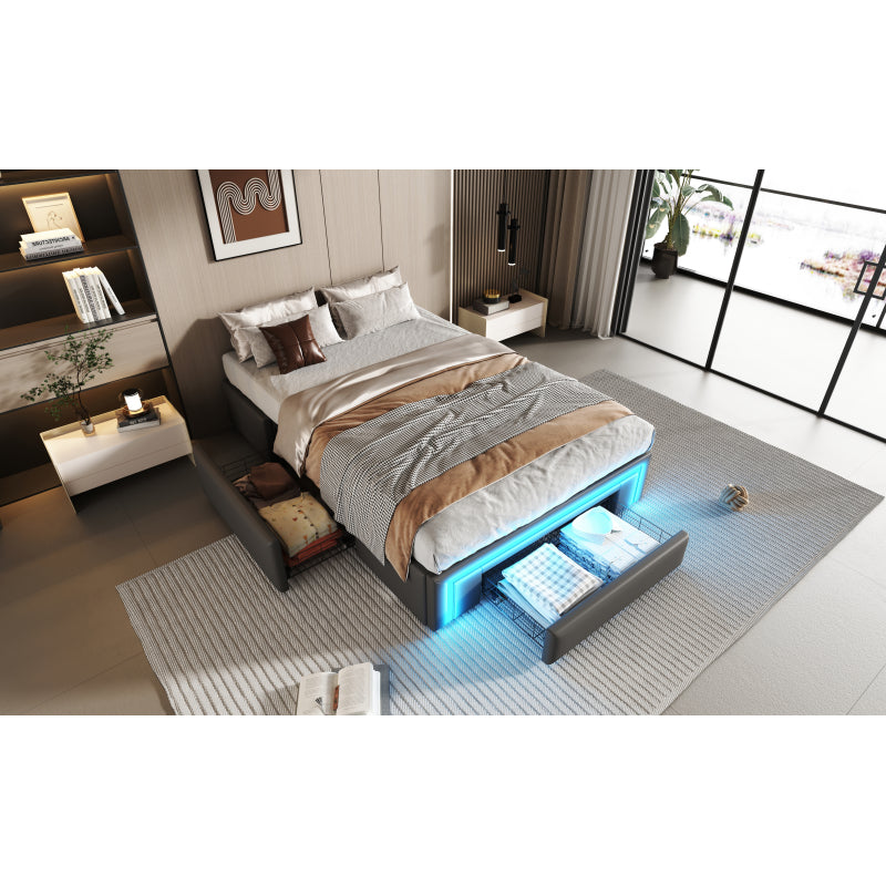 Bettgestell 90X200 mit Schubladen, PU-Leder Bett ohne Kopfteil Mit LED-Lichtleiste, MetalllattenPlattformbett für moderne Schlafzimmer Grau