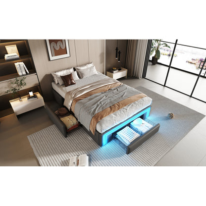 Bettgestell 90X200 mit Schubladen, PU-Leder Bett ohne Kopfteil Mit LED-Lichtleiste, MetalllattenPlattformbett für moderne Schlafzimmer Grau