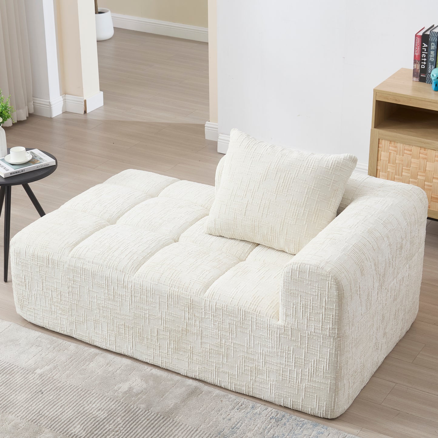 Modernes Sektionssofa, L-Sofa, 3-Sitzer-Sofa, keine Installation erforderlich, Chenille-Sofa mit Chaiselongue und Armlehnen, 3 Kissen, Seitentasche für Fernbedienung, Beige