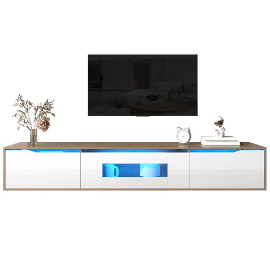 TV-Schrank, Hochglanz-TV-Schrank, farblich passend zu Hochglanz-Weiß und Holzfarbe, mit farbwechselndem LED-Licht.