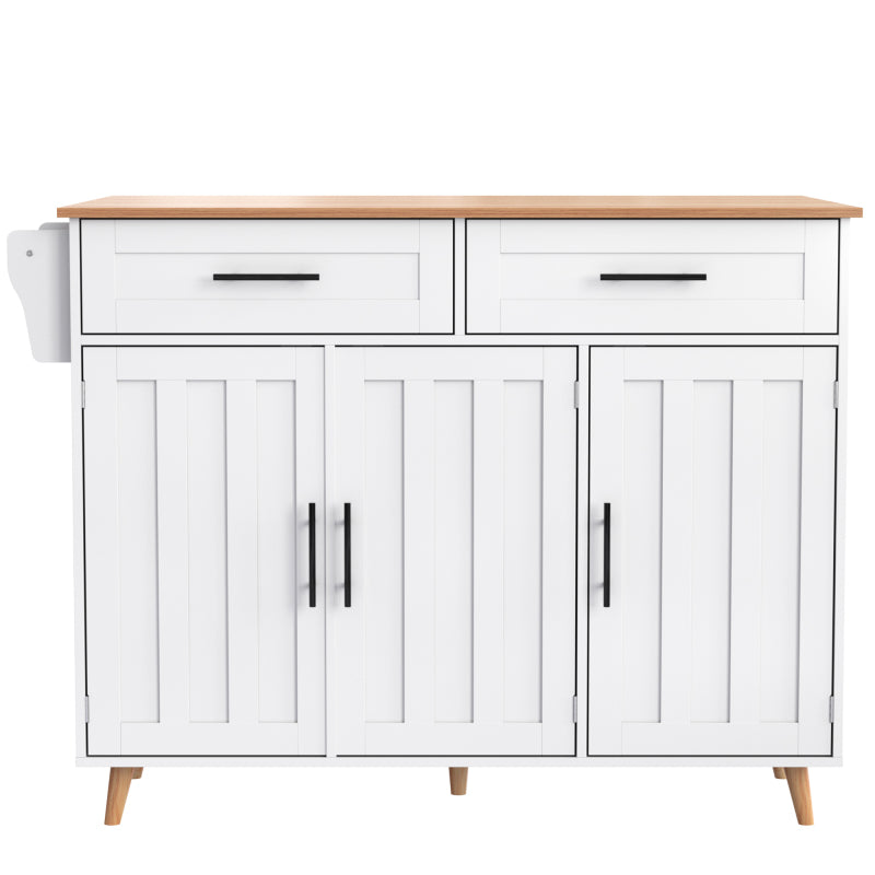 129x46(71)x91,5 cm großer Speisewagen/Sideboard, Arbeitsplatte mit Massivholzmaserung + Weiß Schrank/faltbare Arbeitsplatte/Aufbewahrungstür-Design/Räder/Massivholzfüße umschaltbar/für Zuhause geeig