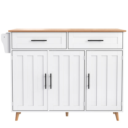 129x46(71)x91,5 cm großer Speisewagen/Sideboard, Arbeitsplatte mit Massivholzmaserung + Weiß Schrank/faltbare Arbeitsplatte/Aufbewahrungstür-Design/Räder/Massivholzfüße umschaltbar/für Zuhause geeig