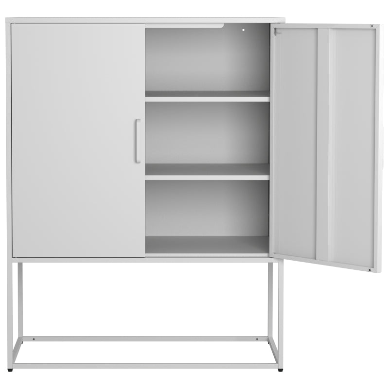 Metall-Sideboard,Lagerschrank– 2 Regale, Freistehender Stahlschrank, Magnettüren, Anti-Kipp-Sicherung, Wohnzimmer, Küche, Büro, Weiß, H 109 cm × B 85 cm × T 40 cm
