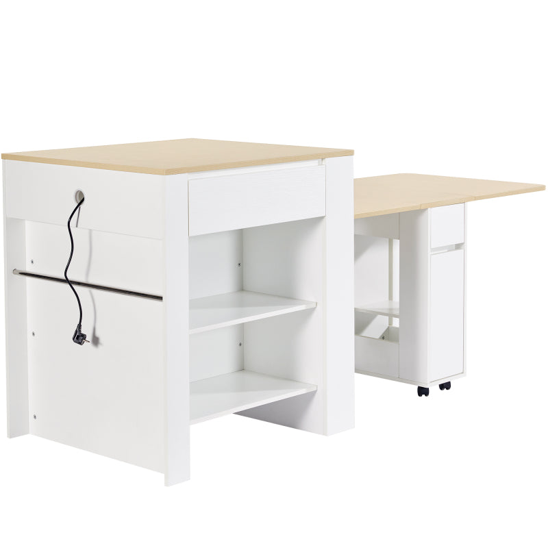 Ausziehbarer Bartisch mit Stauraum(110-124×78×97.5cm), für 2-6 Personen, Kücheninseln mit 2 Schubladen, 2 seitliche offene Regale und eingebaute Steckdose,Tischplatte aus weiß marmoriertem MDF,Weiß