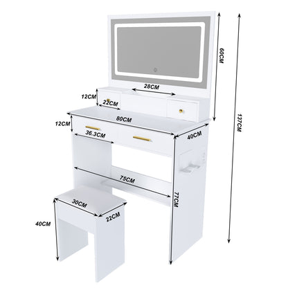 Schminktisch XXL Spiegel (75x48 cm) LED, Steckdose, 4 Schubladen, inkl. Hocker