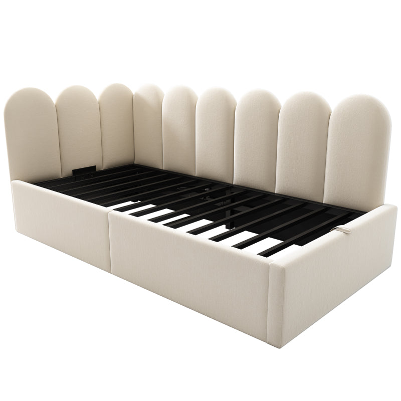 Polsterbett Daybett 90x190 cm,Tagesbett Schlafsofa mit hydraulischem Stauraum, Kinderbett mit Metall-Lattenrost, Samt, Beige, ohne Matratze
