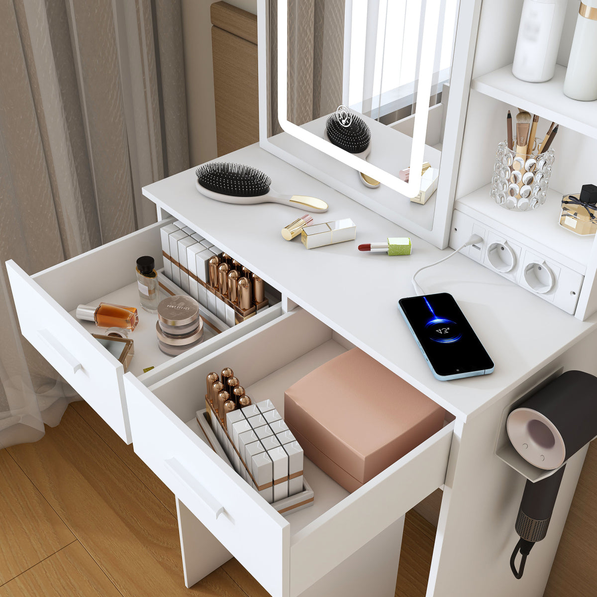 Kleiner Schminktisch LED, USB/Steckdose, 3 Lichtfarben, Hocker, Platzsparend