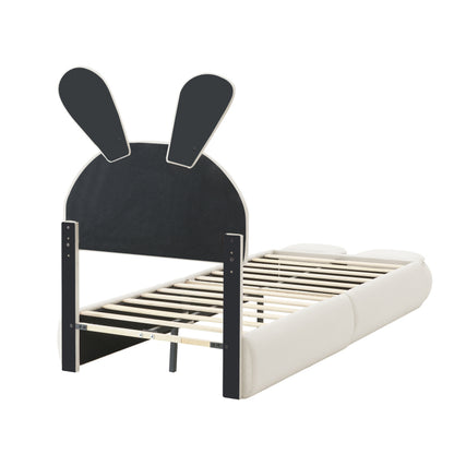 Polsterbett, Einzelbett, Hasenohren mit einstellbarer Helligkeit warmfarbenen Lichtstreifen, mit zwei Aufbewahrungshockern, Kinderbett mit Holzlatten, Samt, Beige, 90x200cm