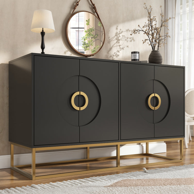 Esszimmerschrank (140×40×83cm), Esszimmer-Wohnzimmer-Aufbewahrungsschrank, einzigartiges Design, Schranktürdesign, freistehender Schrank, Minimalistisches Sideboard,Rundzugring Schranktür,Schwarz