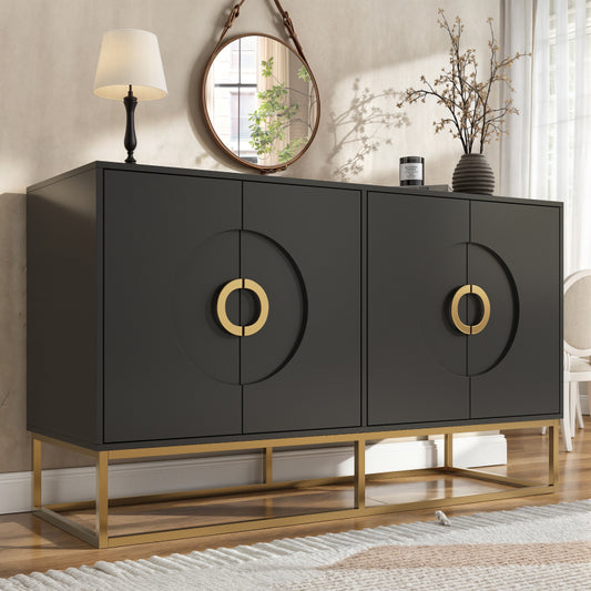 Esszimmerschrank (140×40×83cm), Esszimmer-Wohnzimmer-Aufbewahrungsschrank, einzigartiges Design, Schranktürdesign, freistehender Schrank, Minimalistisches Sideboard,Rundzugring Schranktür,Schwarz
