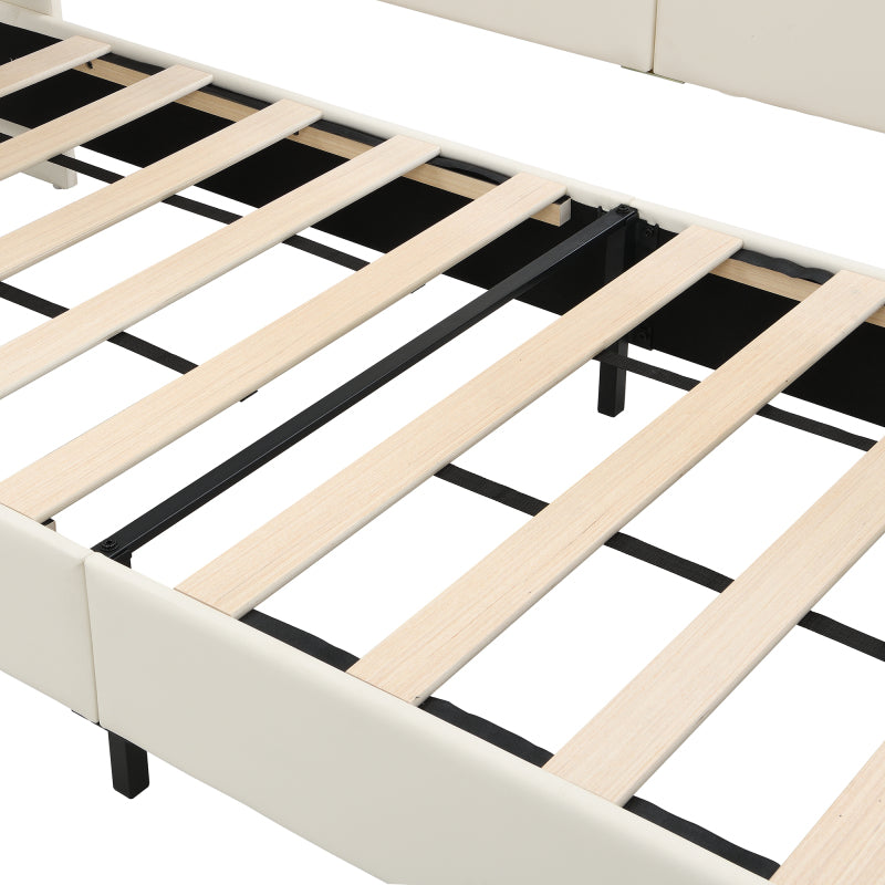 Kinder-Spleißbett, Polsterbett, Tagesbett, Schlafsofa mit Metallbettgestell, Kindernachttisch mit unterer Klapptür, 3 kleine Aufbewahrungstaschen, PU+MDF+Sperrholz, Weiß, 90x200cm