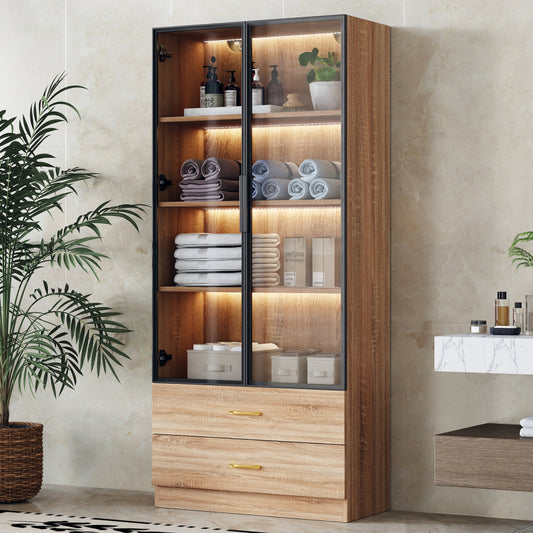 Badezimmerschrank, mittel, mit Lichtleiste, 75 cm breit, mit 2 großen Schubladen und 2 Türen, Glastür