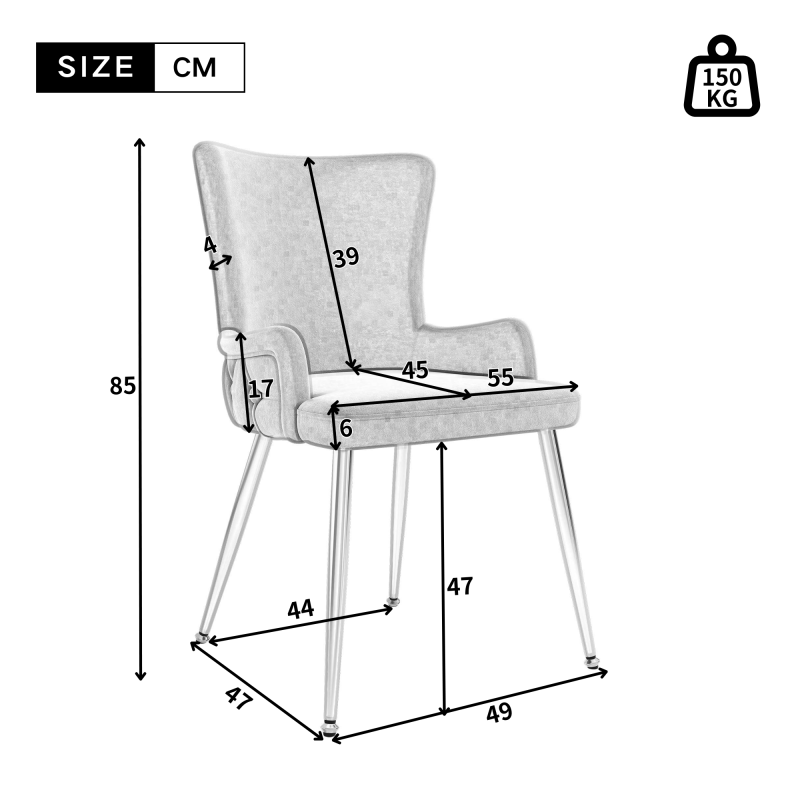 Samt-Esszimmerstuhl, 2er-Set, luxuriöser Wohnzimmer-Schlafzimmer-Loungesessel mit vier silberfarbenen Metallstützbeinen, Grau[OLD SKU:N634P184684G]