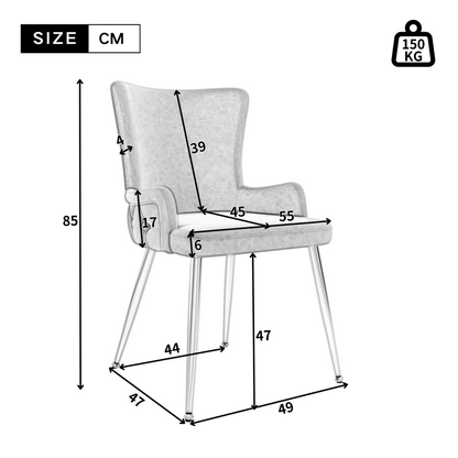Samt-Esszimmerstuhl, 2er-Set, luxuriöser Wohnzimmer-Schlafzimmer-Loungesessel mit vier silberfarbenen Metallstützbeinen, Grau[OLD SKU:N634P184684G]