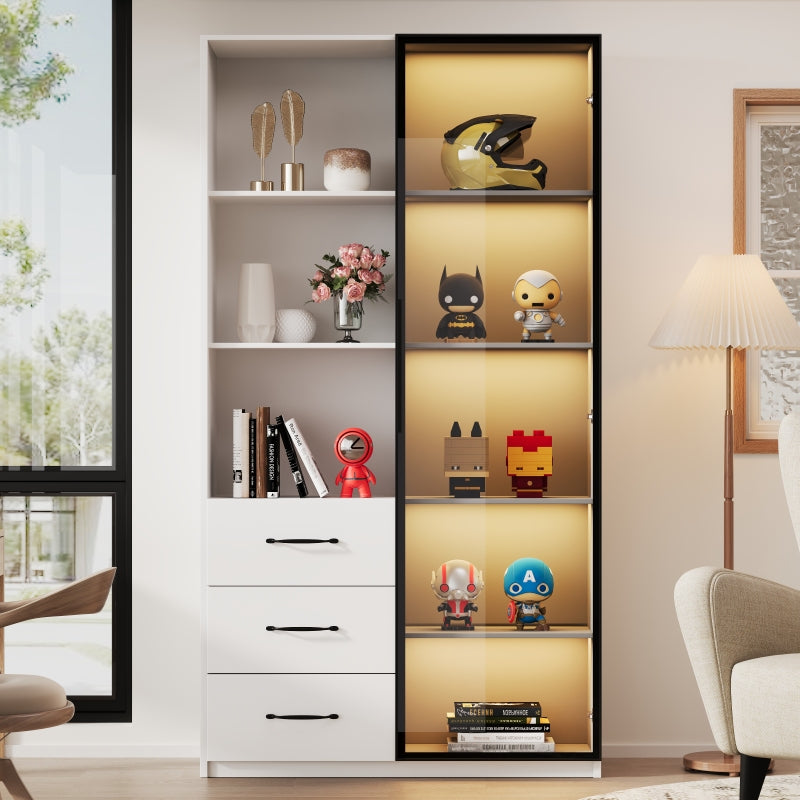 LED-Vitrine, 3 Schubladen und 3 offene Fächer, mehrfarbige LEDs, Bücherschrank, Küchenschränke 80 x 40 x 160 cm