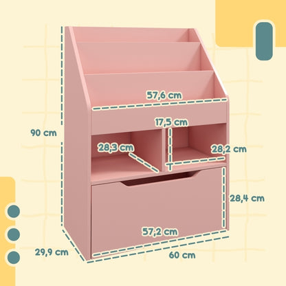 Kinder Bücherregal Kinderregal mit Schublade, 3 Ablagefächern und 2 offenen Fächern, Aufbewahrungsregal für Kinderzimmer, Spielzimmer, Rosa