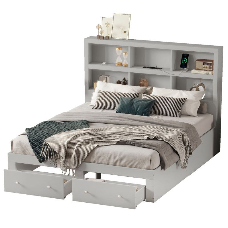160*200cm Doppelbett, Kingsize-Plattformbett mit zwei Schubladen am Fußende des Bettes, Kopfteil mit Stauraum, Grau
