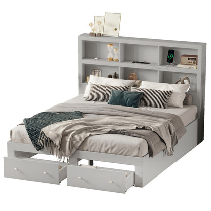 160*200cm Doppelbett, Kingsize-Plattformbett mit zwei Schubladen am Fußende des Bettes, Kopfteil mit Stauraum, Grau