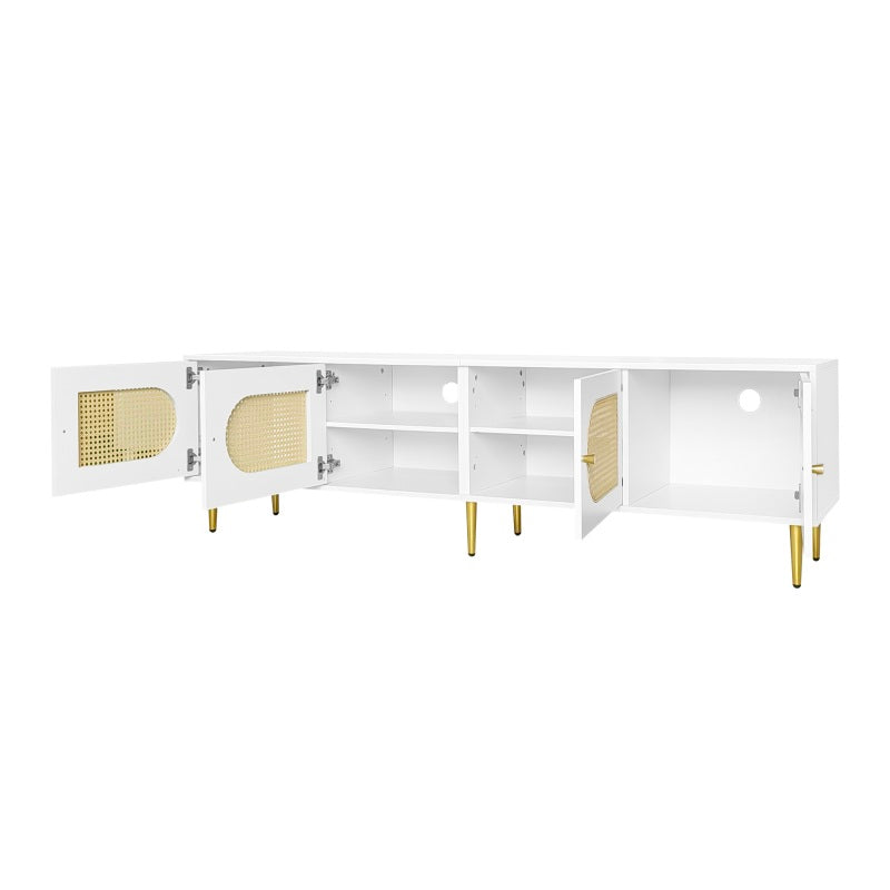 Weißer Rattan-TV-Schrank 180x40x50 cm - 4 Rattan-Türen, verstellbare Einlegeböden und Kabelmanagement für Fernseher bis 80 Zoll, TV-Schrank,Lowboards