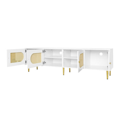Weißer Rattan-TV-Schrank 180x40x50 cm - 4 Rattan-Türen, verstellbare Einlegeböden und Kabelmanagement für Fernseher bis 80 Zoll, TV-Schrank,Lowboards