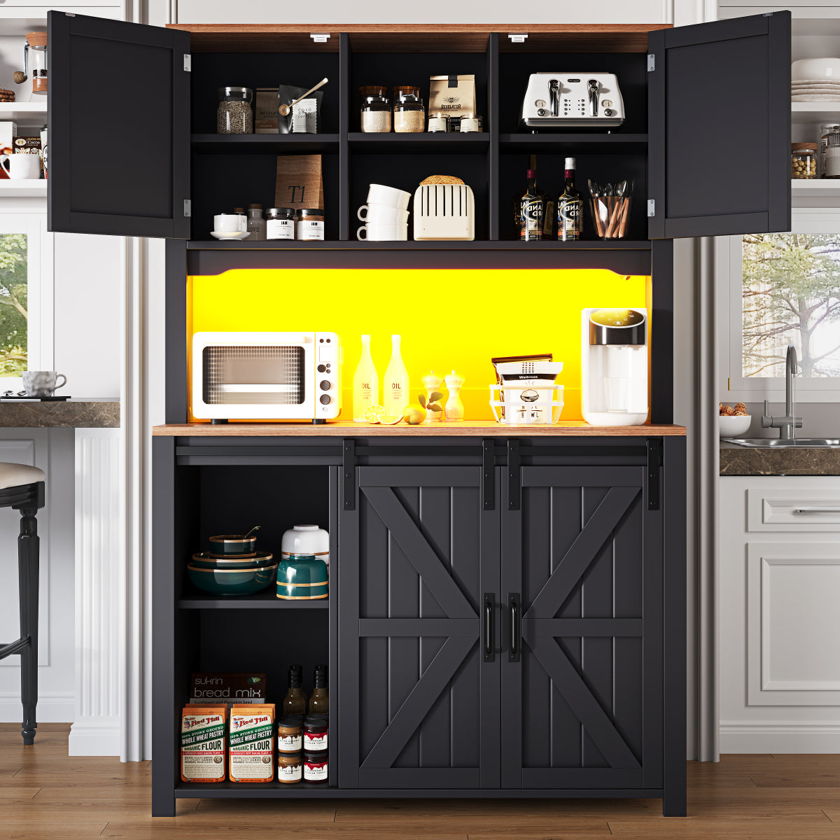 Küchenschrank 115x40x174,7cm hohes Sideboard Schwarz mit App-LED-Beleuchtung, X-Design Schiebetüren, 2 Schubladen & Magnetklappen