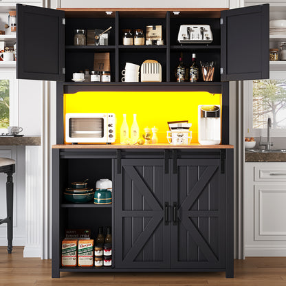 Küchenschrank 115x40x174,7cm hohes Sideboard Schwarz mit App-LED-Beleuchtung, X-Design Schiebetüren, 2 Schubladen & Magnetklappen