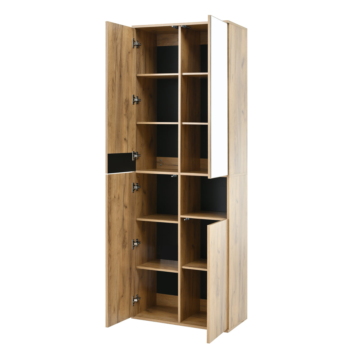 Hochschrank Schwarz/Natur 65x35x190 cm mit Spiegel, 4 Türen & offenem Fach, Mehrzweckschrank mit Stauraum