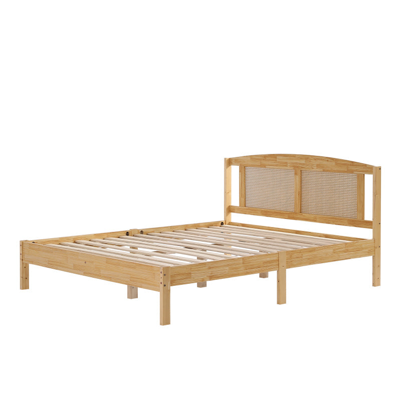 Doppelbett, Rattanbett, Jugendbett Erwachsenenbett 160X200cm, Rattannetzkissen, mit 15 Latten und Mittelfüße, Kiefer + PE-Rattan, Natur