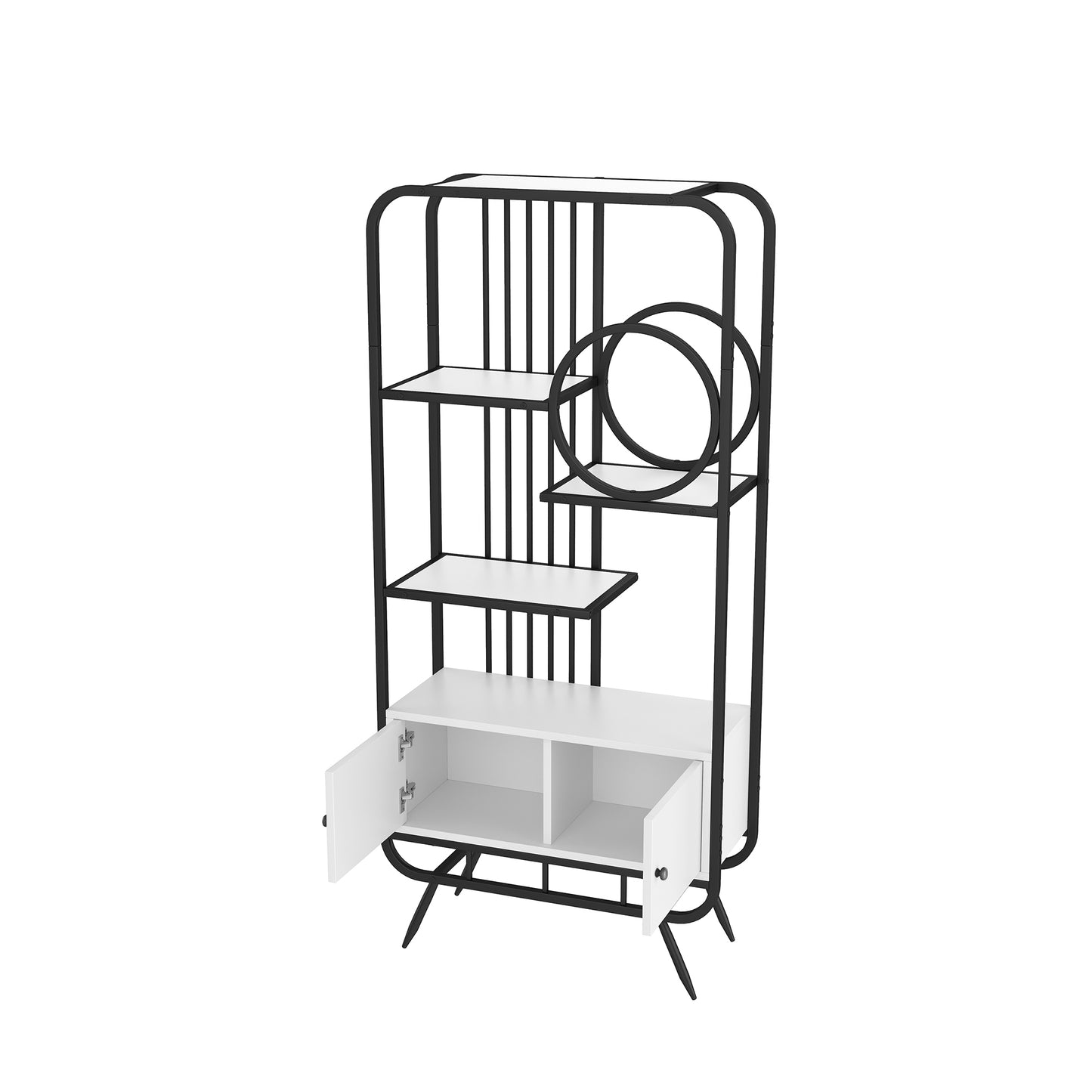 80 x 30 x 180 cm Metallregal, weißer Lagerschrank mit Doppeltür, drei Regalböden, schwarzes Metallregal, hohe Metallfüße, runde Dekoration, weiß + schwarz