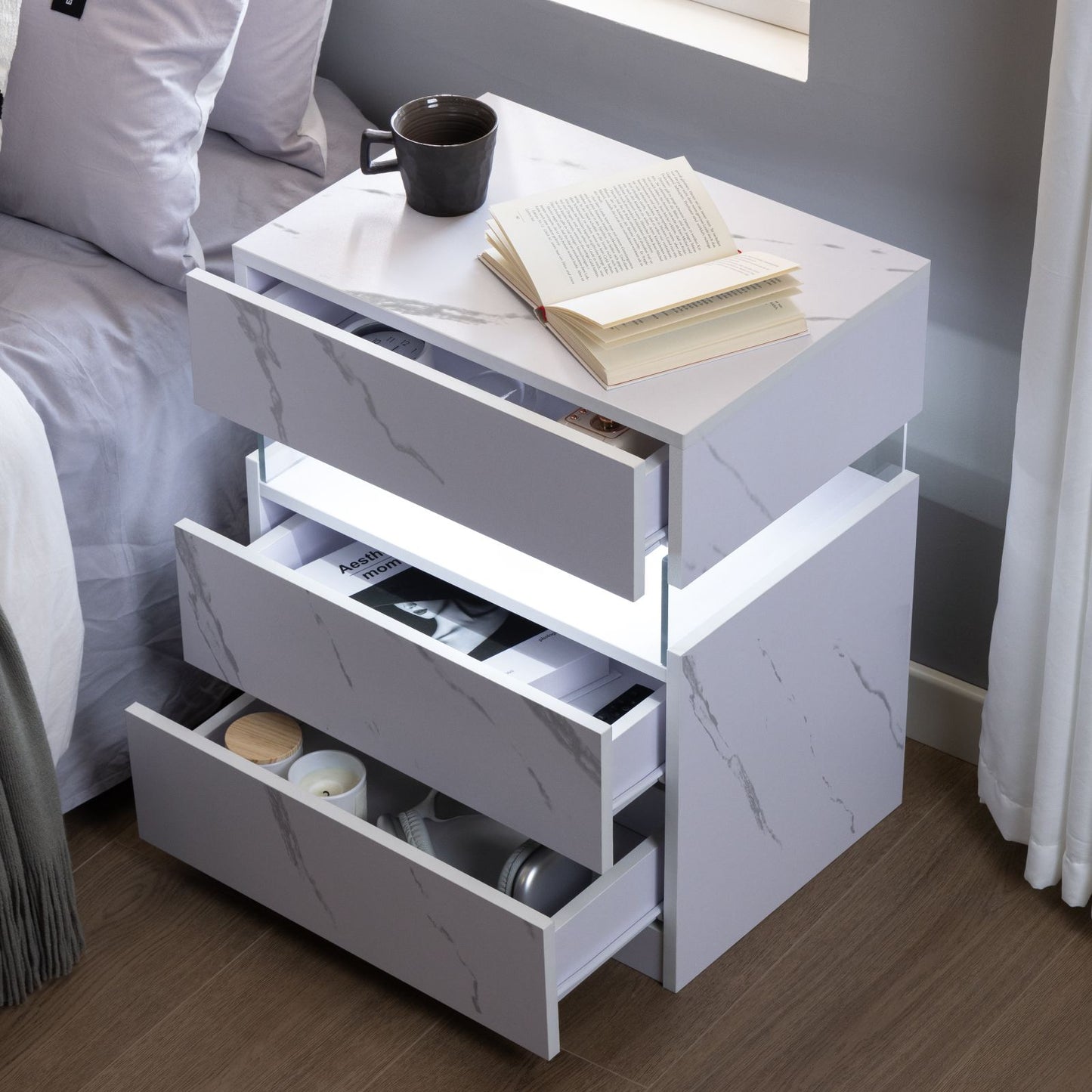 LED Nightstands 3 Drawer Dresser for Bedroom End Table with Acrylic Board LED Bedside Tables for Bedroom Living Room Bedside Furniture (White Stone)