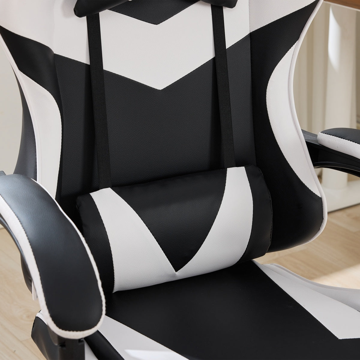 Gaming Stuhl Racing Design, 155° Liegefunktion, Fußstütze, Lendenmassage, Schwarz+Weiß