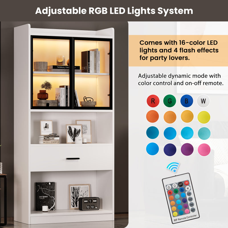Curio Vitrine mit Licht, 16 Farben Licht, Sammlerstücke Schrank Display Regal, Bücherregal Vitrine für Wohnzimmer, weiß