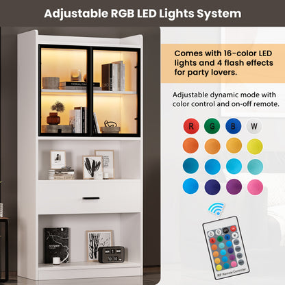Curio Vitrine mit Licht, 16 Farben Licht, Sammlerstücke Schrank Display Regal, Bücherregal Vitrine für Wohnzimmer, weiß