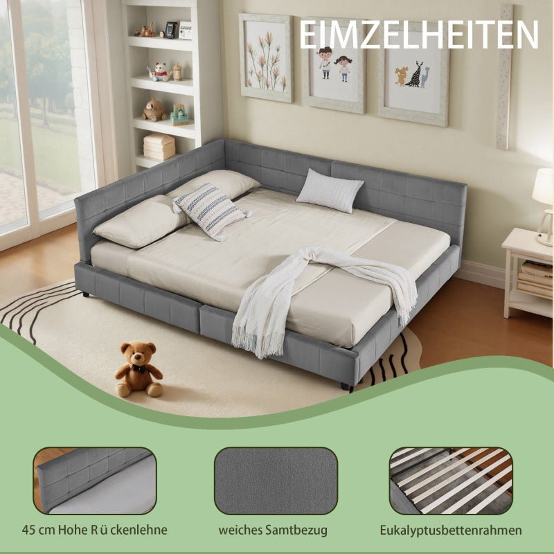 Doppelbett 160x200 cm weiches hautfreundliches Samt, L-förmiges Eck Bettgestell, robuste Eukalyptus- und Eisenlatten, Dark Gray (ohne Matratze)