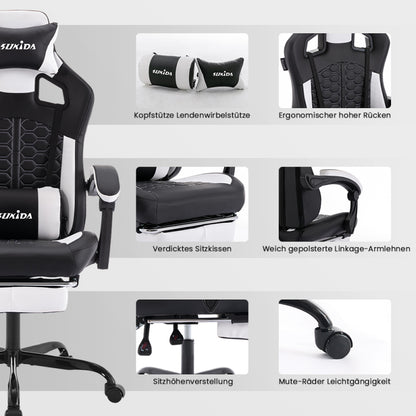 Gaming Stuhl, Ergonomischer Gaming-Stuhl mit Fußstütze, Racing Gaming Chair Kopfstütze Verstellbarer Computerstuhl Höhenverstellbar Lendenwirbelstütze für Homeoffice und Gaming Schwarz