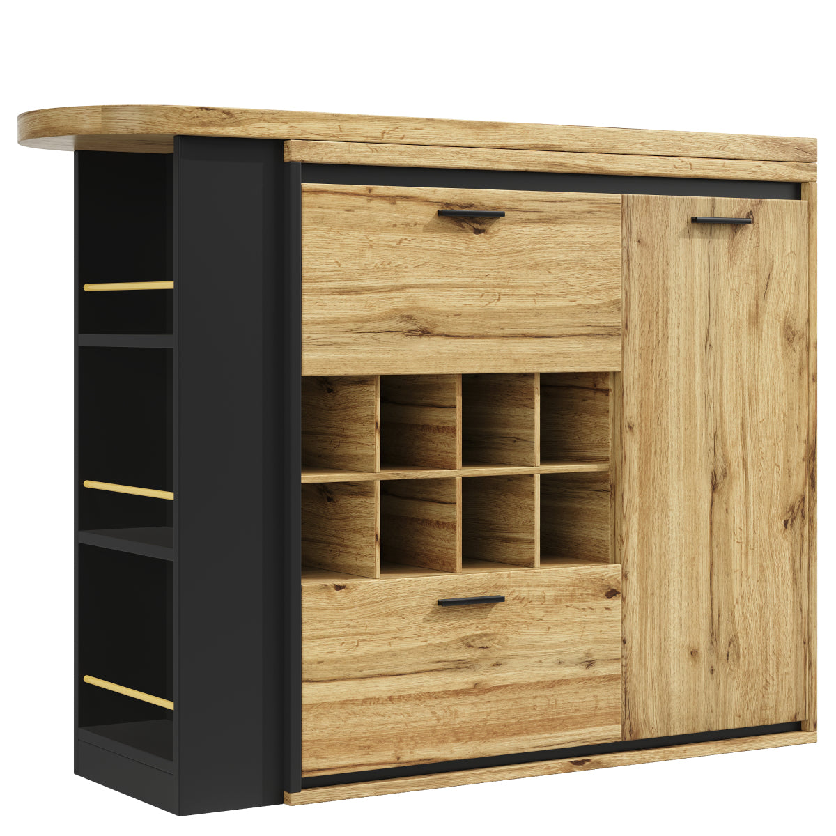 Ausziehbarer Bartisch 138-220cm Küchentisch mit Weinregal & 2 Schubladen, Stehtisch Natur Holzoptik, Multifunktionale Kücheninsel