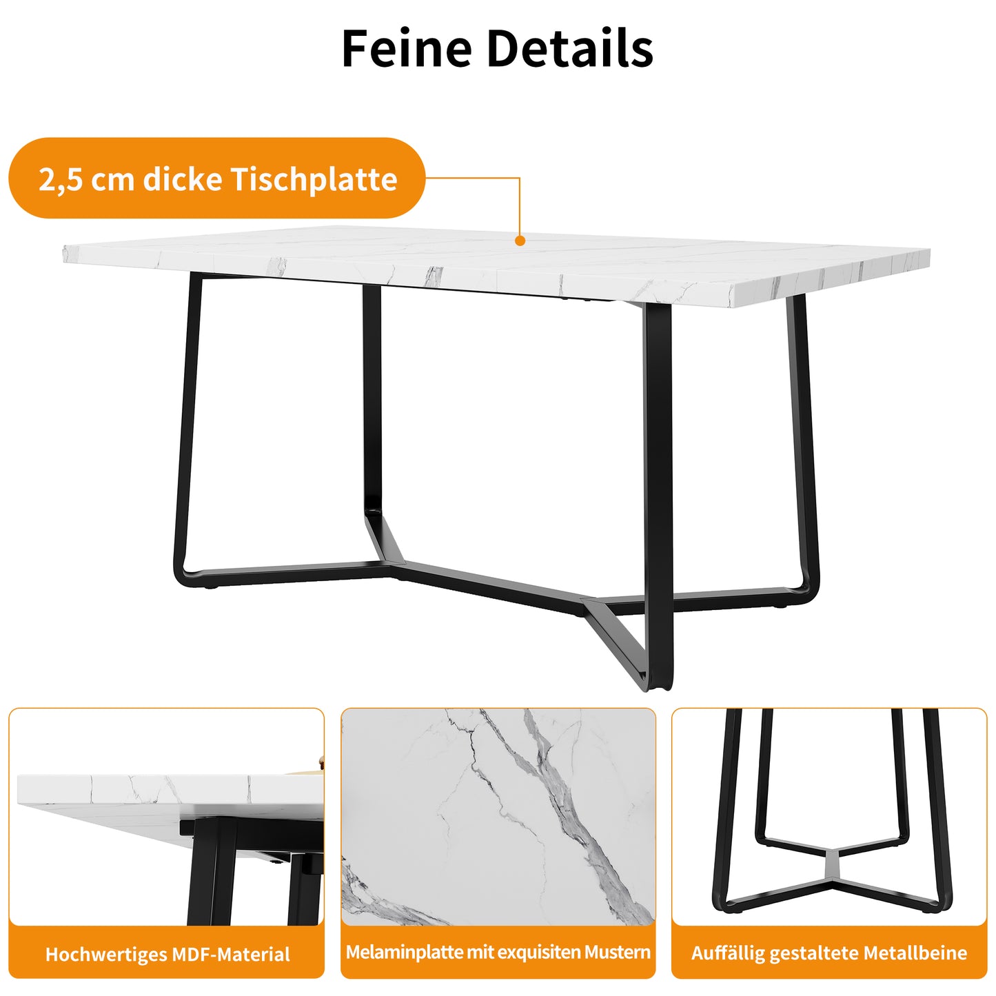 Leichter Luxustisch für 4-6 Personen, geeignet für Esszimmer, Wohnzimmer, MDF marmorierte Tischplatte, schwarze Beine