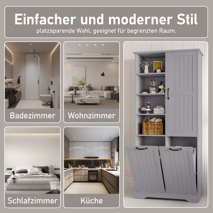 78 x 35 x 172 cm Badezimmerschrank, feuchtigkeitsbeständige Farbe, doppelter Wäschekorb, vier offene Fächer, eine Tür, drei Fächer in der Tür, verstellbare Regale, viel Stauraum, Grau