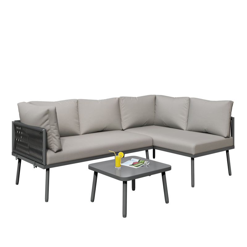 Garten-Lounge-Set aus Eisen, Gartenmöbel-Set aus grauem Seil, L-förmiges Gartenmöbel-Set, Lounge-Set aus grauem Seil mit Sitzkissen, verstellbaren Füßen, 2 Sofas und 1 Tisch