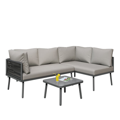 Garten-Lounge-Set aus Eisen, Gartenmöbel-Set aus grauem Seil, L-förmiges Gartenmöbel-Set, Lounge-Set aus grauem Seil mit Sitzkissen, verstellbaren Füßen, 2 Sofas und 1 Tisch
