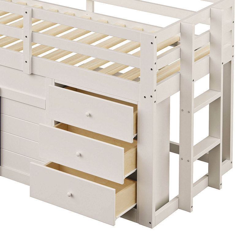 90 x 200 niedriges Hochbett mit Rutsche, drei Schubladen und zwei Türen, Creme