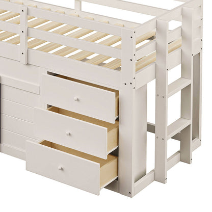 90 x 200 niedriges Hochbett mit Rutsche, drei Schubladen und zwei Türen, Creme