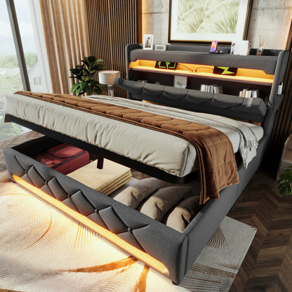 Polsterbett Einzelbett 90*200, Stauraum Kopfteil mit USB und Typ C-Port ,360-Surround-LED-Funktion rund um Kopf- und Fußende des, Betten mit Hydraulisch Stauraum, Grau , Leinen(Mit Matratze)