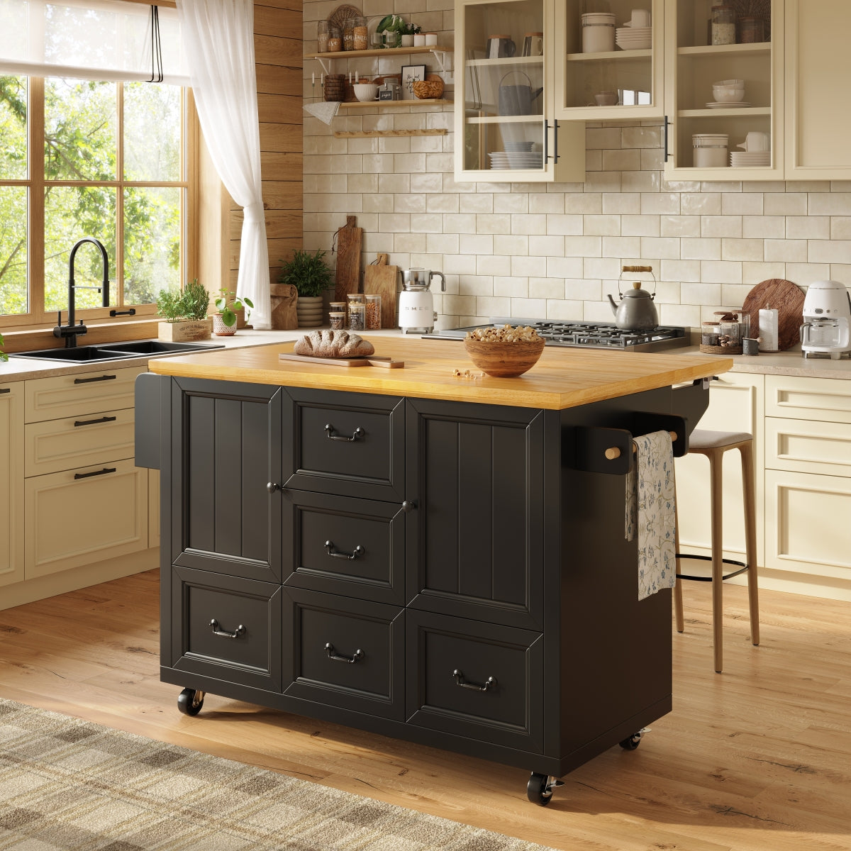 Kücheninsel mit Rollen & klappbarer Arbeitsplatte, Küchenwagen mit 5 Schubladen, Handtuchhalter & Gewürzregal, Sideboard 120cm, Weiß/Schwarz