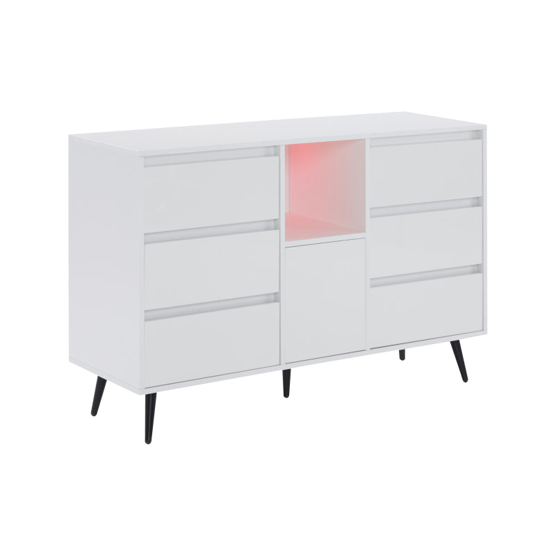 Modernes weißes Sideboard mit LED-Beleuchtung, 6 geräuschlosen Schubladen, Push-Open-Türen, Hochglanzlackierung, mattschwarzen Metallbeinen, 120x40x80 cm – ideal für Küchen, Ess- und Wohnbereiche