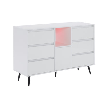 Modernes weißes Sideboard mit LED-Beleuchtung, 6 geräuschlosen Schubladen, Push-Open-Türen, Hochglanzlackierung, mattschwarzen Metallbeinen, 120x40x80 cm – ideal für Küchen, Ess- und Wohnbereiche